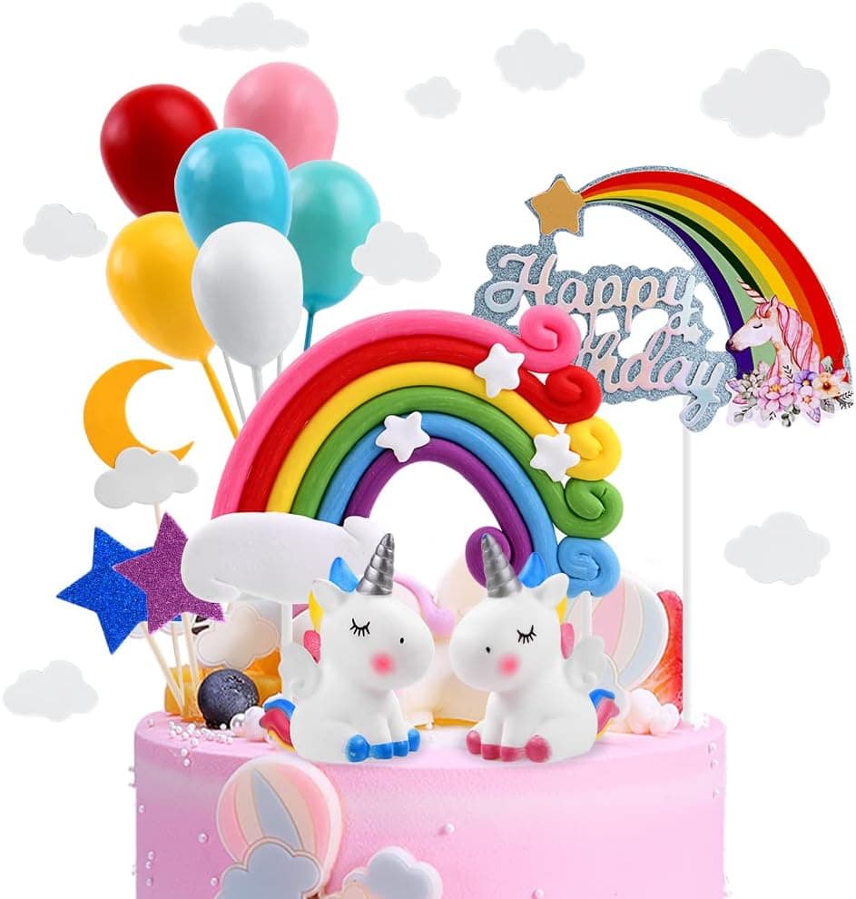 OSDUE Decoração para bolos, 21 peças decoração para bolos de aniversário, unicórnio Happy Birthday balões arco-íris estrela Cake Topper decorar, meninos e meninas, ornamento de bolo de bricolage