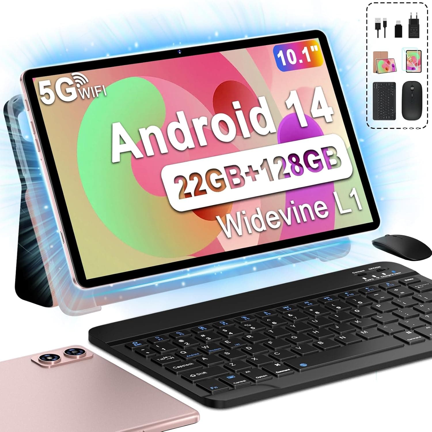 Tablet de 10 polegadas tablet Android 14, tablet Pixels, 22 GB Ram + 128 GB ROM Octa-Core tablets 5G WiFi, 8000 Mah, (1 tb TF) Tablet com teclado e rato um ano de segurança contra quebra de ecrã