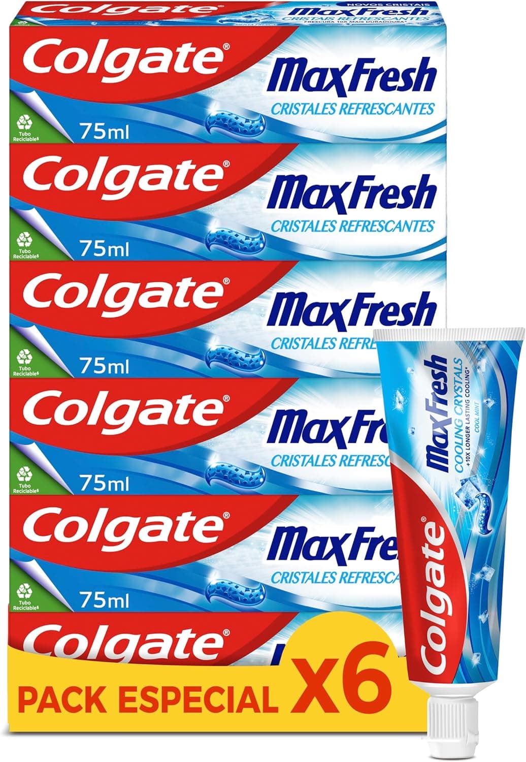 Colgate Max Fresh, pasta de dentes com cristais refrescantes, frescura durável, hortelã fresca, pack 6 x 75 ml