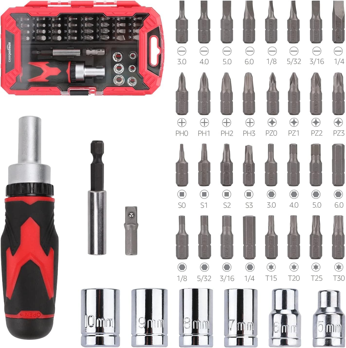 Amazon Basics | Conjunto de chave de fendas de catraca magnética com 41 peças