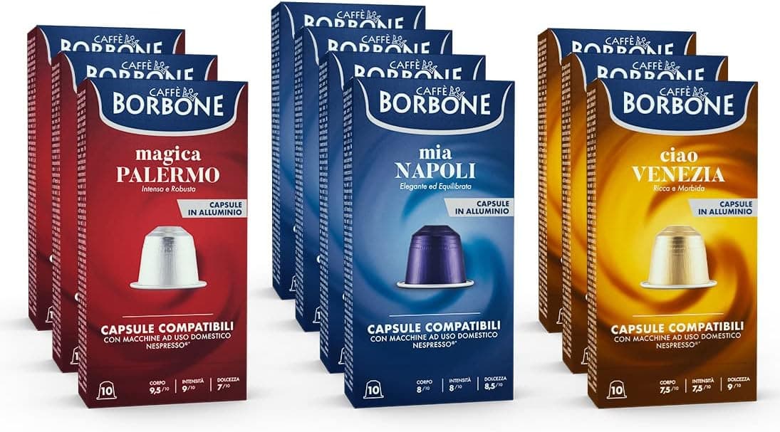 Caffè Borbone Kit Degustação – 100 Cápsulas de Alumínio: 40 Mia Napoli, 30 Ciao Venezia, 30 Magica Palermo (10 embalagens de 10 cápsulas)