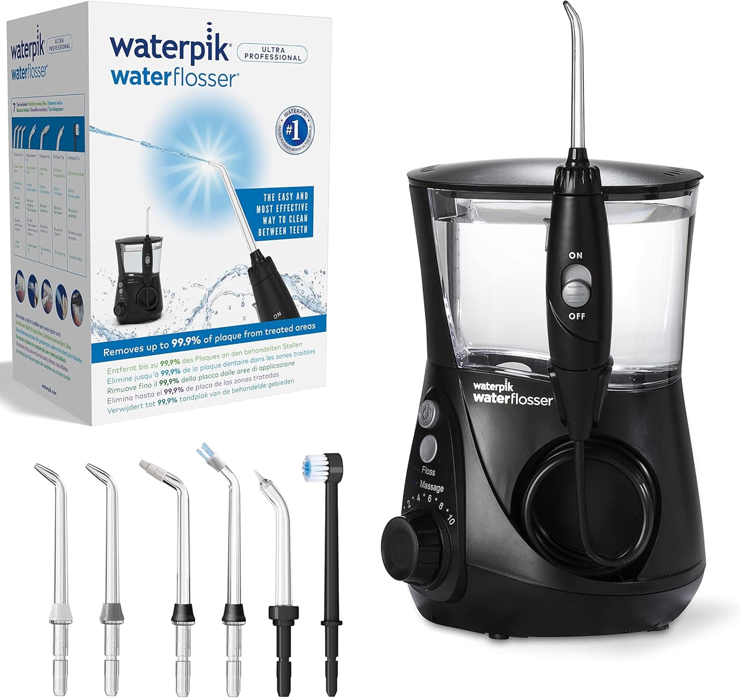 Waterpik Irrigador dentário profissional Ultra com água pressurizada e sistema avançado de controlo de pressão com 10 posições e 7 bicos, removedor de placa bacteriana, preto (WP-662EU) Preto/Branco