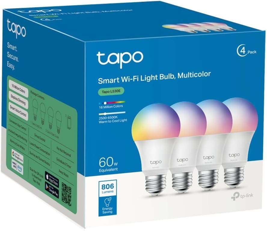 Tapo L530E (4 embalagens) Lâmpada LED inteligente Wi-Fi, multicolor, regulável, casquilho E27, 8,7 W, 806 lúmenes, compatível com Alexa e Google Home