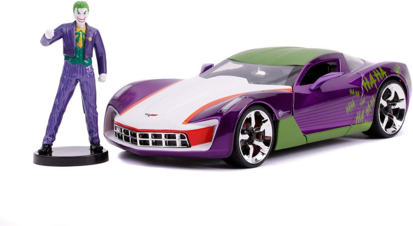 Jada - Joker, carro Corvette Stingray escala 1:24 com figura Joker, abertura de portas, licença 100% oficial DC Comics (Jada 253255020)