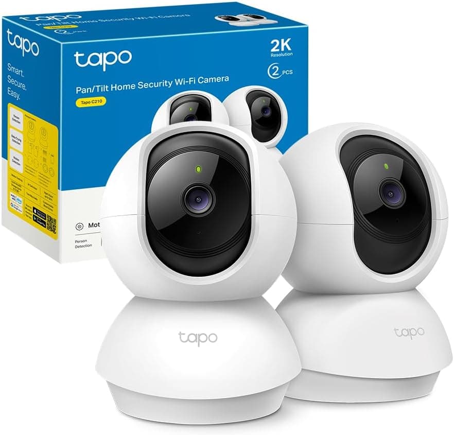 Tapo C210 (2-Pack) - Câmara IP Wi-Fi de 360° câmara de vigilância 2K (3 MP), visão noturna suporta cartão SD até 512 GB, deteção de movimento, controlo remoto, compatível com Alexa