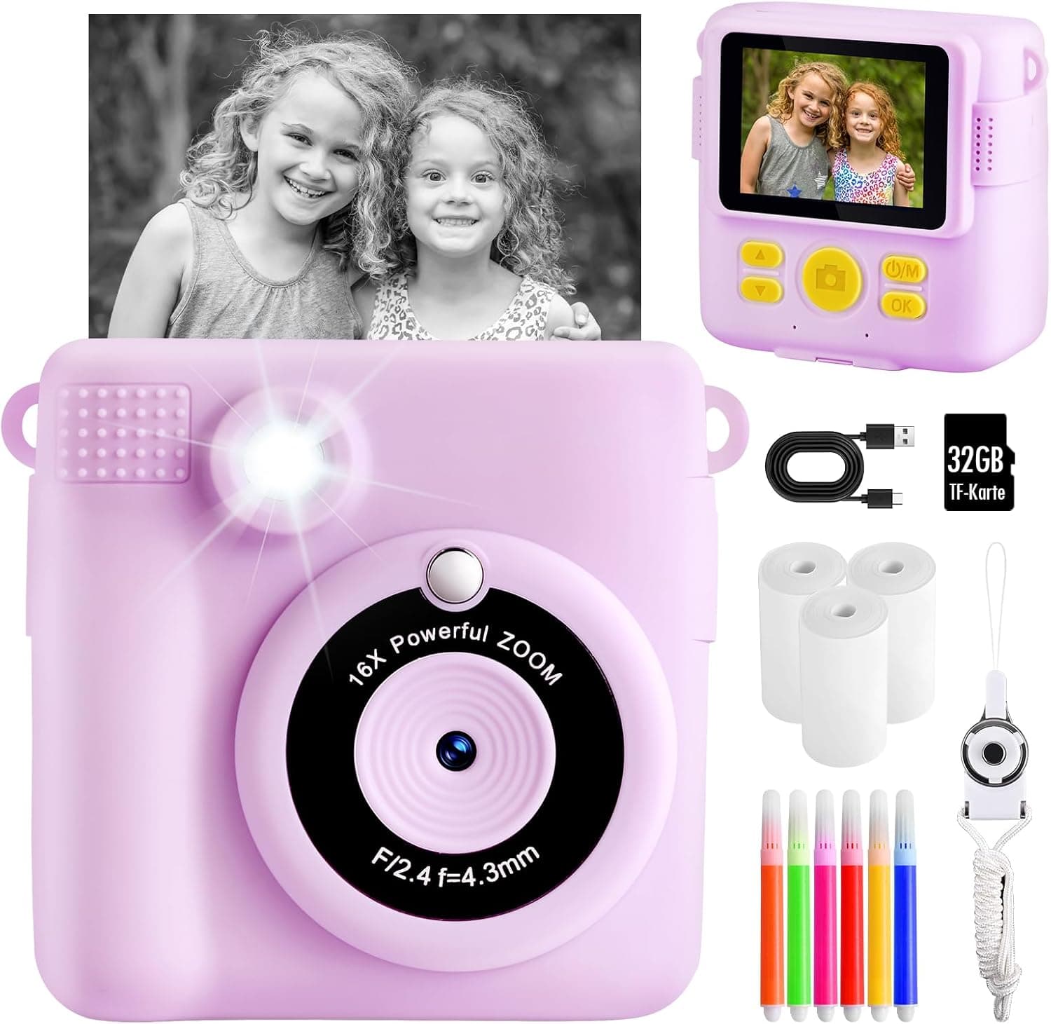 CHRERNA Câmara instantânea infantil, 2,4" HD, digital Zoom, 1080P, com cartão de 32 GB e papel de impressão