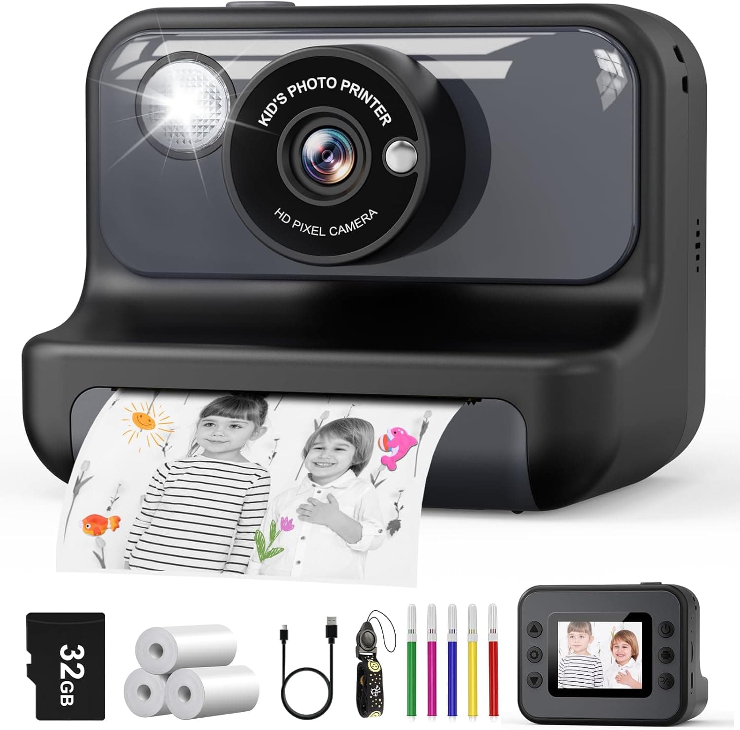 Hangrui Câmara fotos infantis instantâneas, 2,4 polegadas câmara fotos infantis com cartão de 32G, 1080P câmara instantânea para crianças com papel de impressão e canetas de cores, presentes brinquedo
