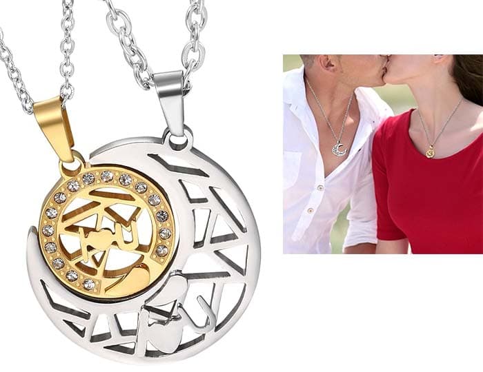 Cupimatch Lovers - Par de colares de aço inoxidável com pendente de puzzle com lua I Lou u u mosaico com brilhantes perfurados em ouro prateado (1 par), Aço inoxidável, Sem Pedra Preciosa