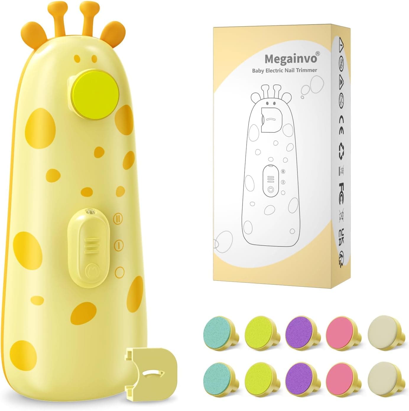 Megainvo Lima de unhas para bebés, girafa corta-unhas elétrico com 10 cabeças de moer, 1 capa anti-pó para cortar unhas e saco de armazenamento - amarelo