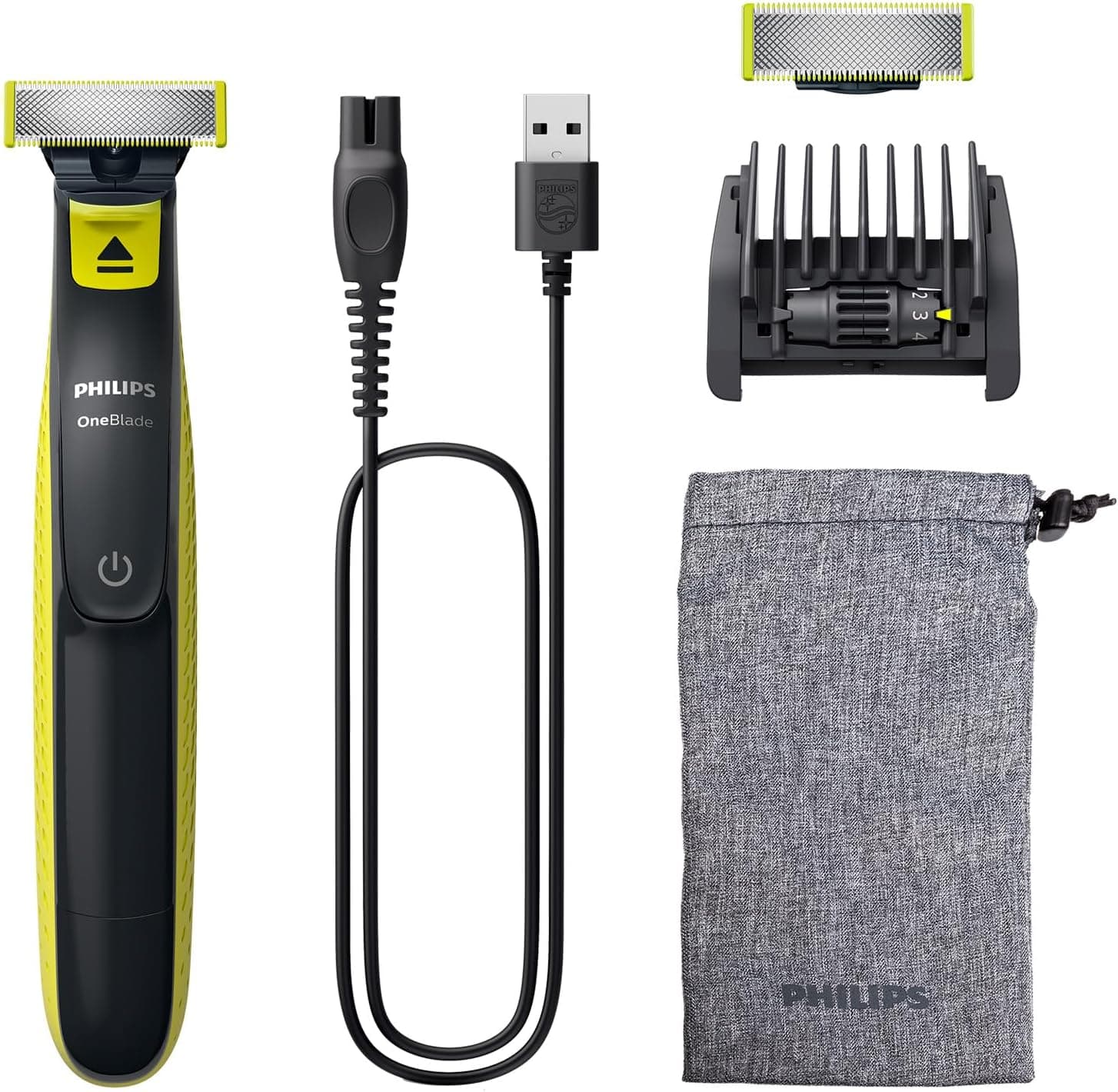 Philips OneBlade, Aparador de barba autêntico, máquina de barbear elétrica para homem, máquina de barbear, 2 lâminas, 5 comprimentos, 45 min de uso, seco e molhado, recarregável, capa, QP2724/30