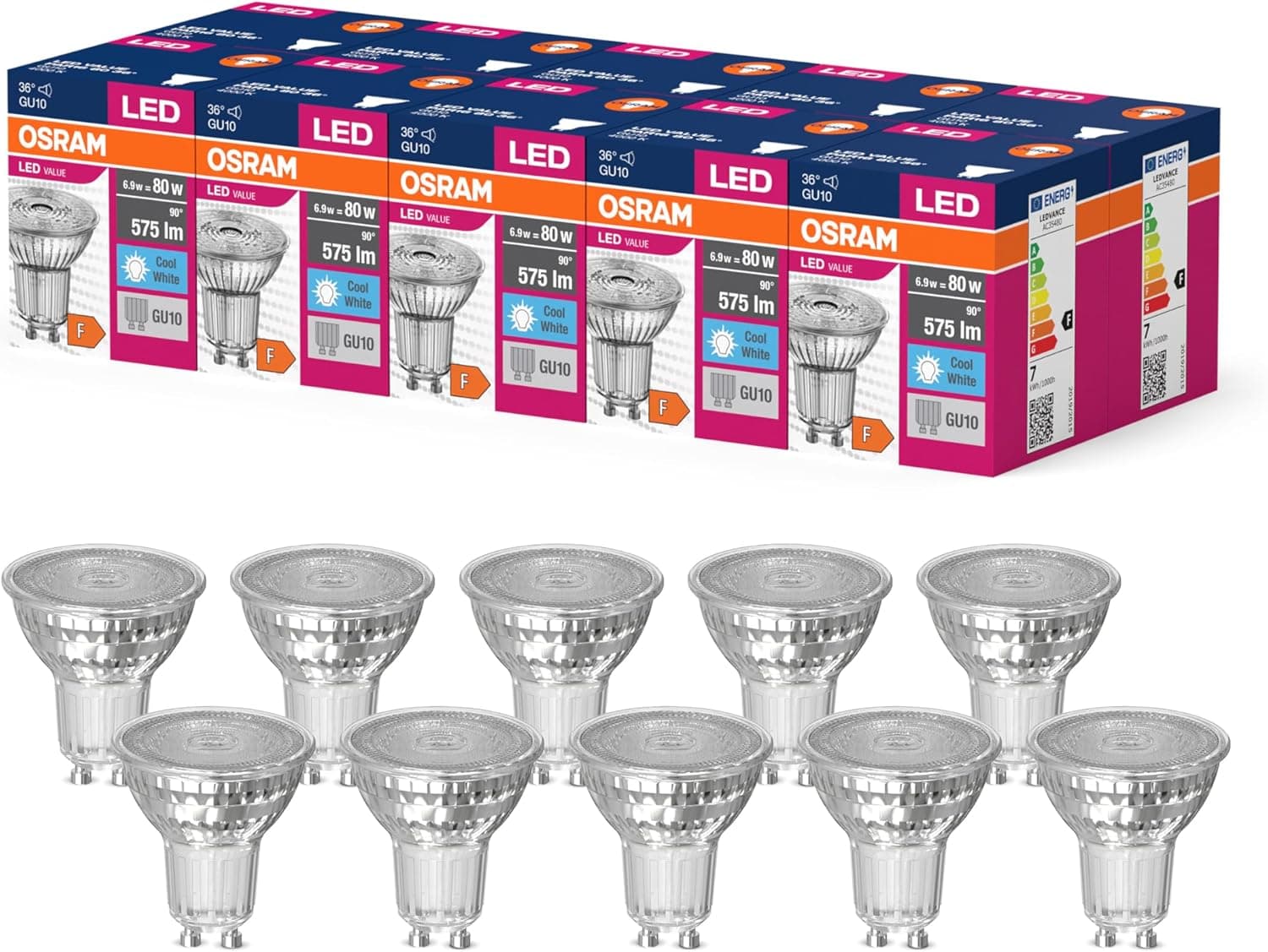 OSRAM Valor de estrela LED de PAR16 candeeiro LED para base Gu10, lâmpada refletor, GL, 575 lúmens, branco frio (4000k), substituição de lâmpadas convencionais de 80 W, não dimmables, 10 embalagens 