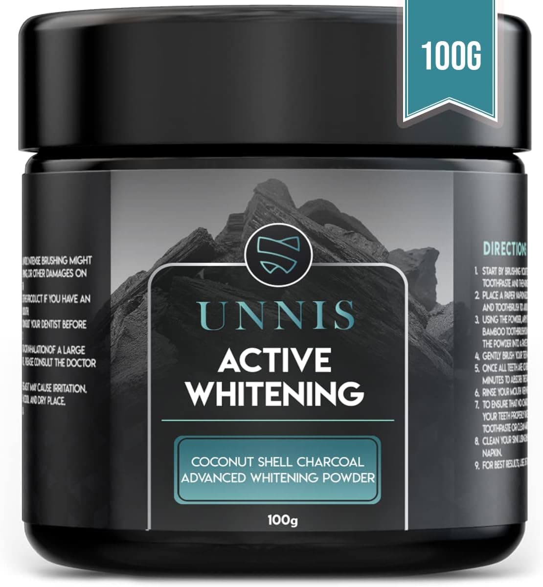 UNNIS Activated Carbon | Pó branqueador de dentes com carvão ativado de coco 100 g sabor menta