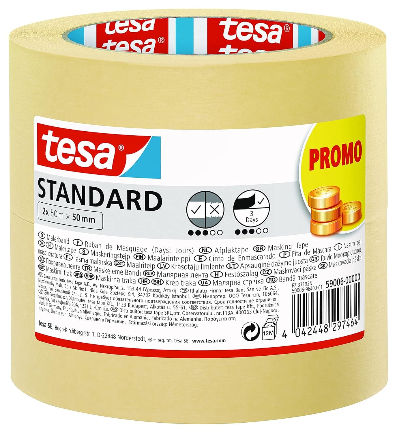 tesa Fita de pintura STANDARD, fita de pintor, removível sem resíduos até 2 dias depois, sem solventes, largura, 2 x 50 m x 50 mm