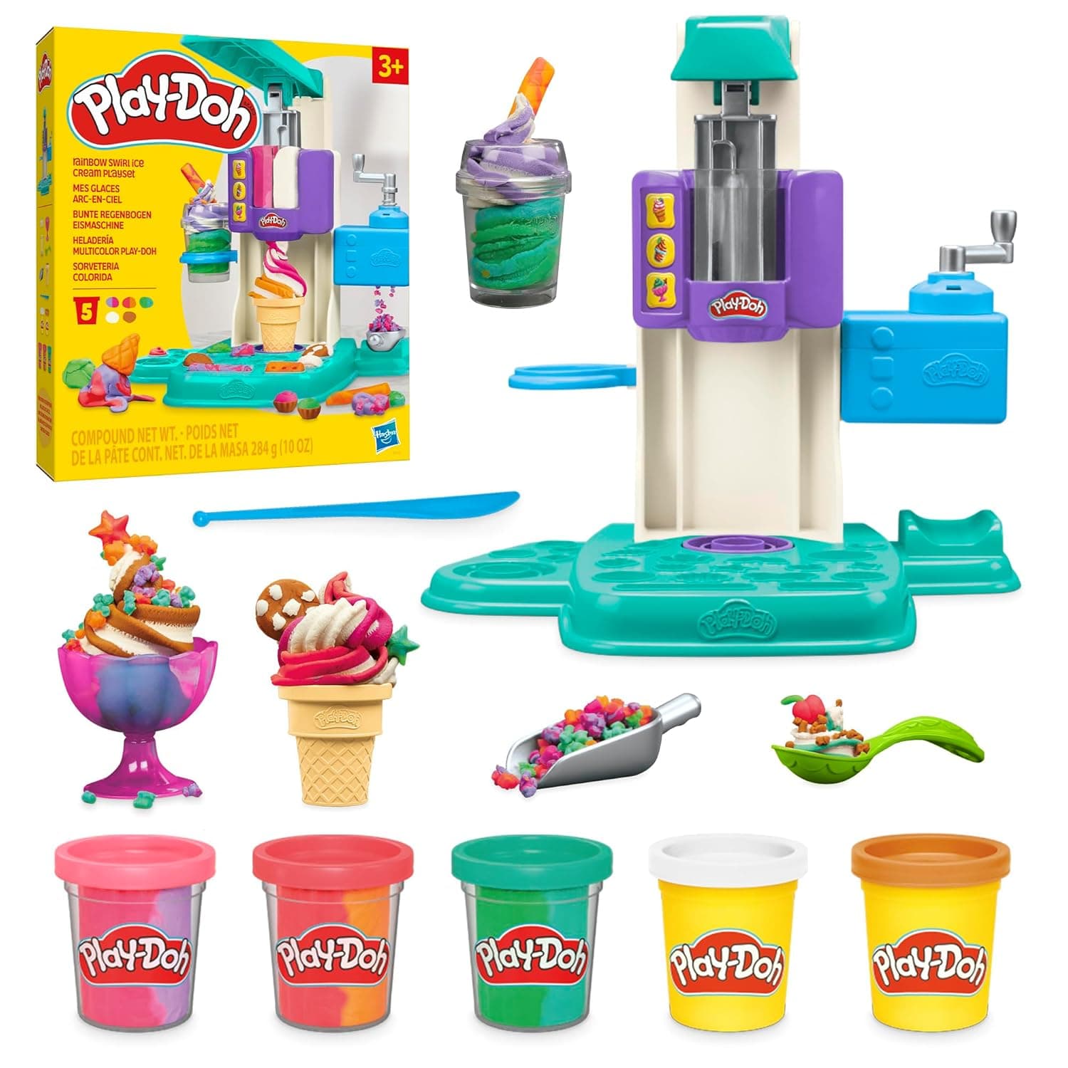 Hasbro Play-Doh Sorvetaria multicolorida, conjunto de alimentos, 5 frascos de plástico coloridos, artesanato para meninos e meninas a partir de 3 anos, brinquedo criativo, moldes de gelado