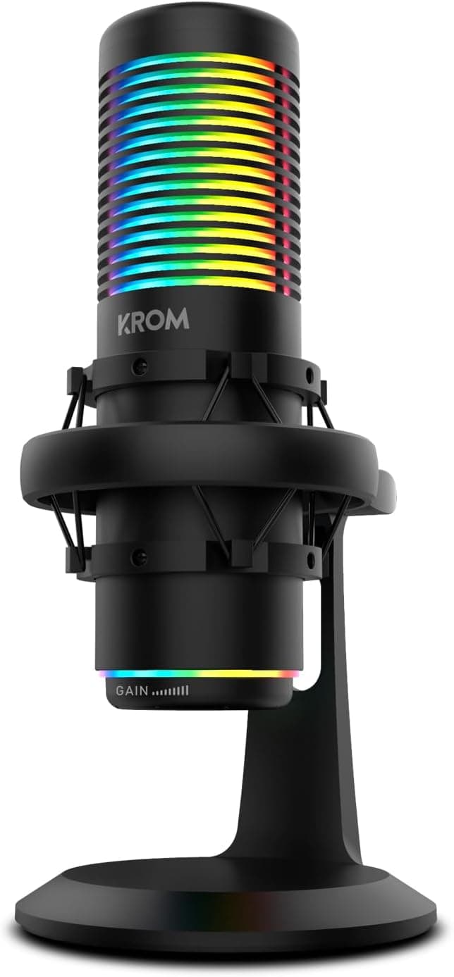 KROM Kaze Kit de microfone HQ Streaming omnidirecional e cardióide, 2 condensadores de cápsula, armação anti-choque, compatível com Windows, MacOS, Android, iOS, RGB, preto