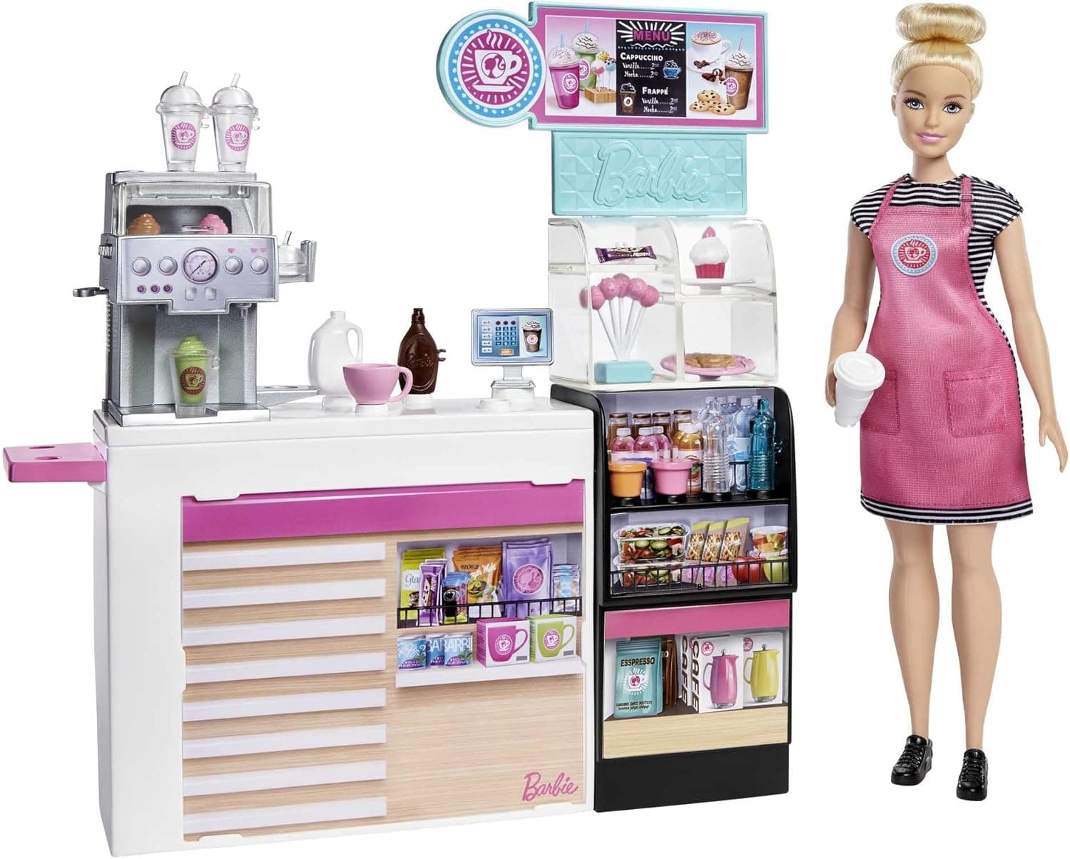 Barbie e o seu café, boneca com acessórios para café, smoothies, cupcakes e saladas de brincar (Mattel GMW03)