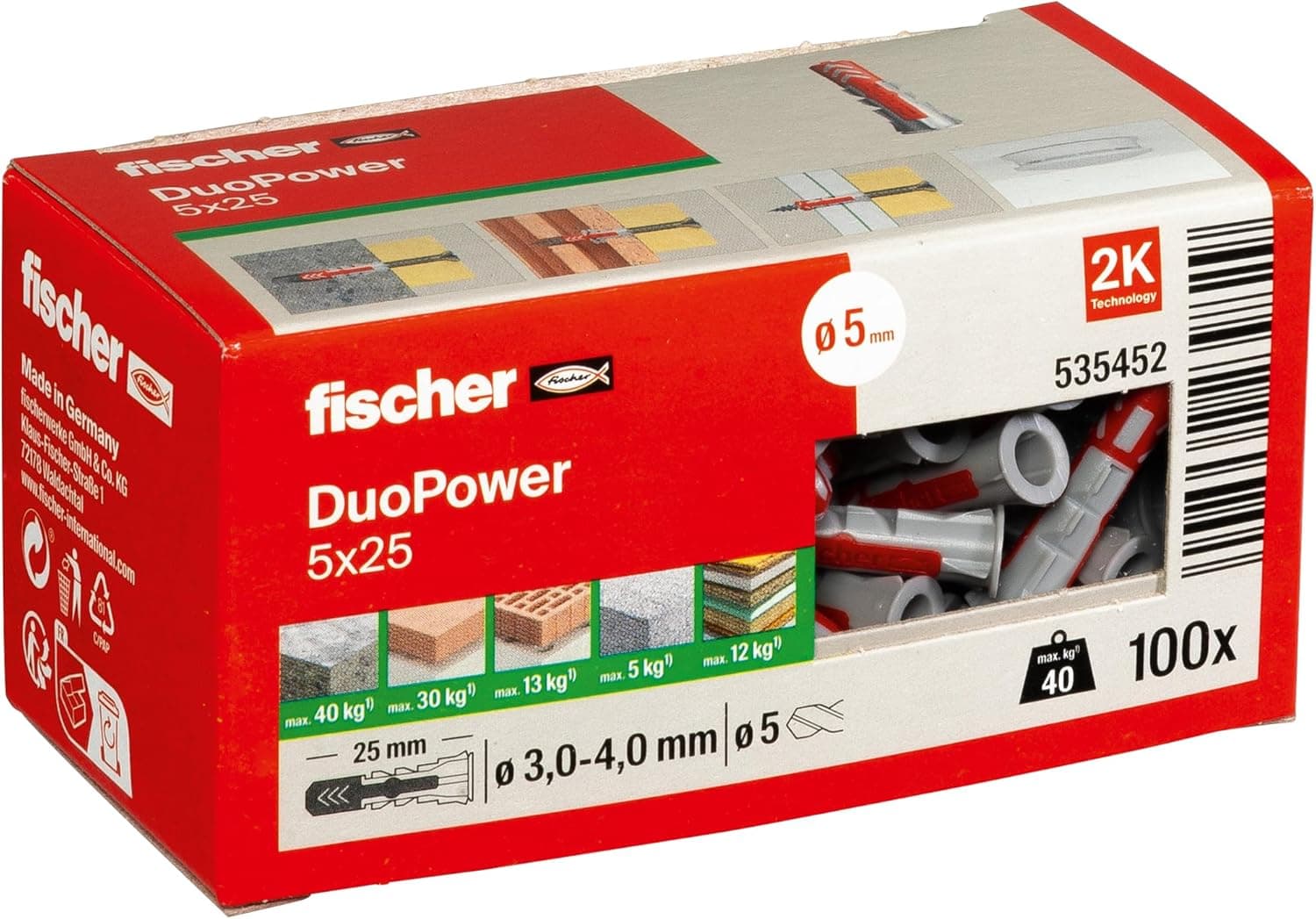 fischer Duopower | Conjunto de 100 buchas de fixação 5x25 mm em cinzento
