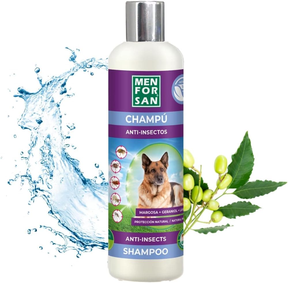 MENFORSAN Champú Anti-Insectos Repelente para Perros | con 3 Activos Naturales: Margosa, Geraniol y Lavandino | Protege contra Insectos | Cítrico | 1L