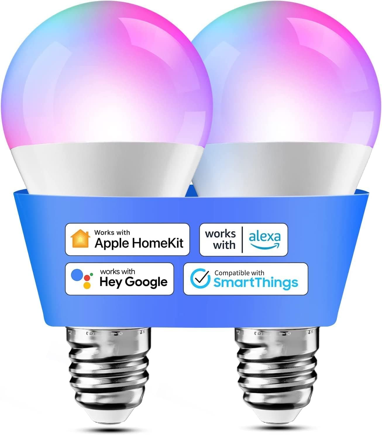 Meross Lâmpada inteligente com WiFi, lâmpada LED multicolorida, regulável, 9 W, E27, RGBWW 2700-6500 K, compatível com Apple HomeKit, Alexa e Google Home, embalagem de 2, controlo remoto
