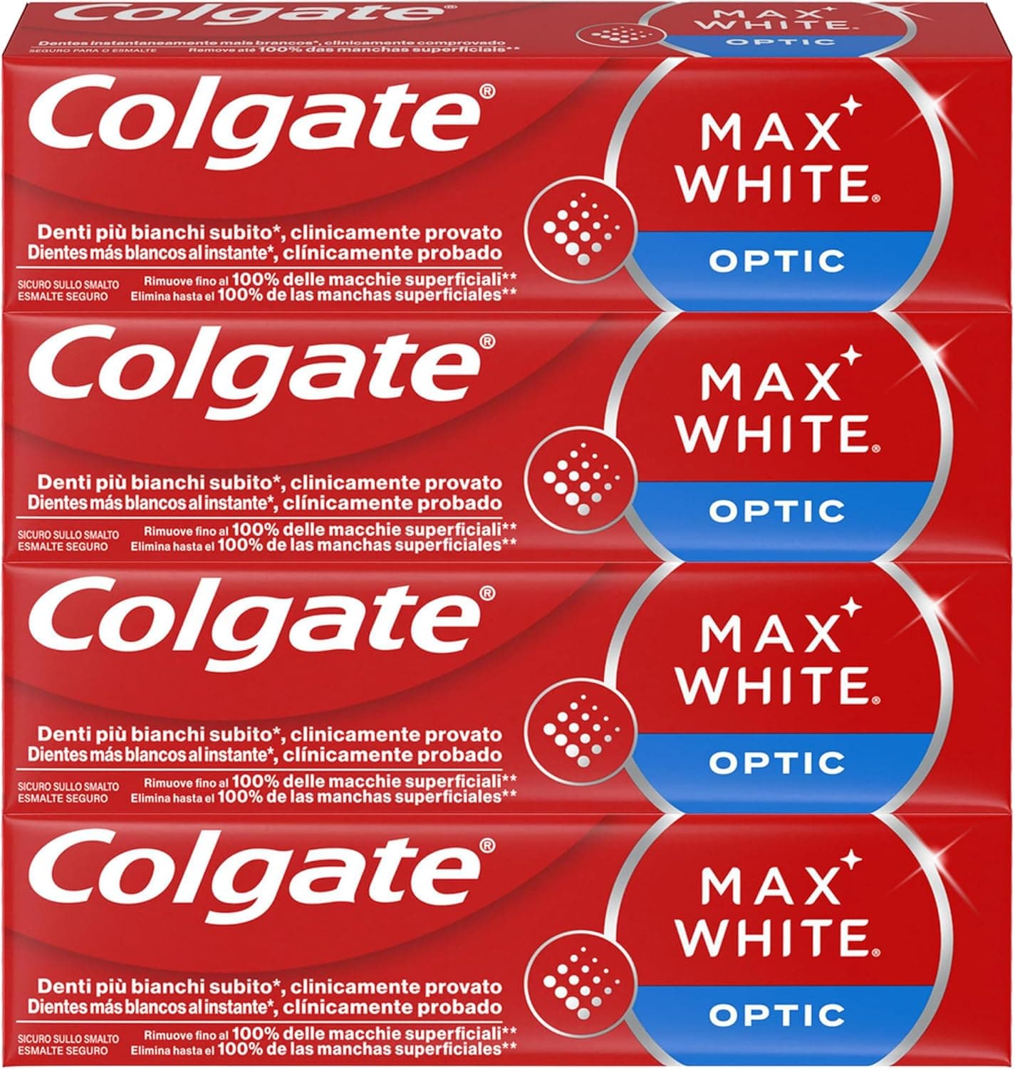 Colgate Max White Optic Dentífrico 4 x 75 ml - pasta de dentes branqueadora - fórmula clinicamente testada - elimina até 100 % das manchas superficiais - branqueamento de dentes instantaneamente