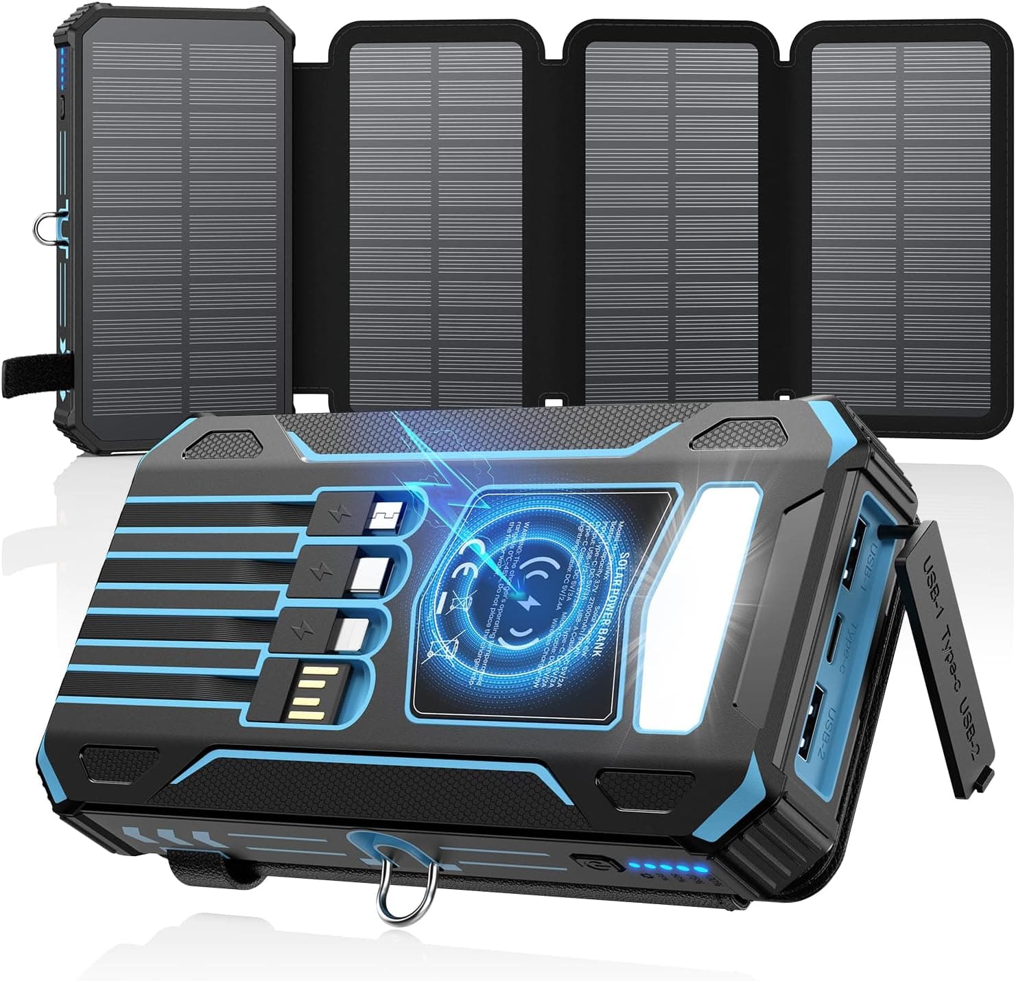 SOARAISE Solar Power Bank 27000 mAh | Carregador portátil solar com 4 painéis, 4 cabos integrados e carregamento rápido USB
