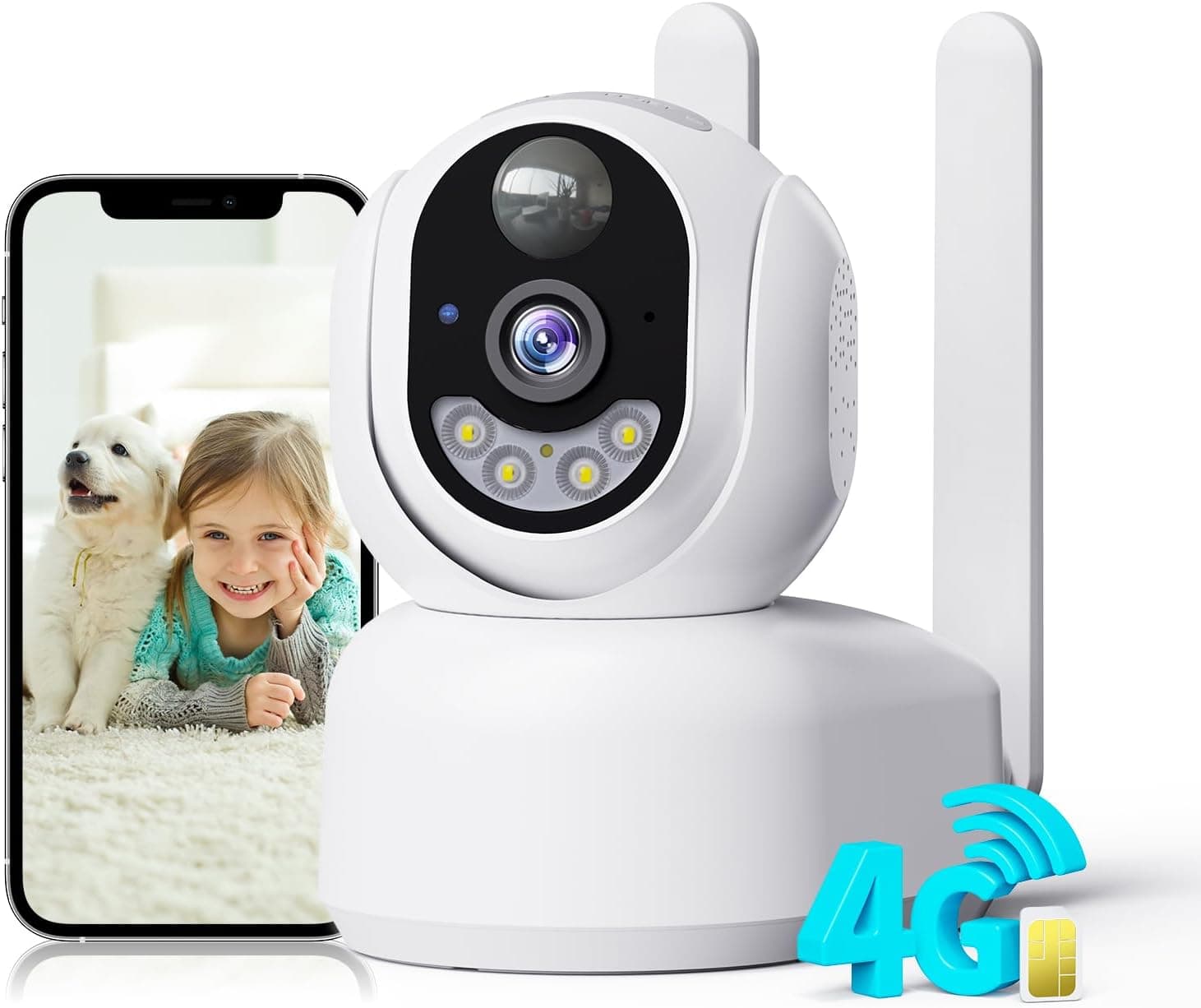PESAIR Câmara de Vigilância Interior 4G LTE com Cartão SIM – 2K, 360° PTZ, Sem Fios, Bateria Recarregável, Visão Noturna a Cores, Deteção PIR, Áudio Bidirecional, IP66