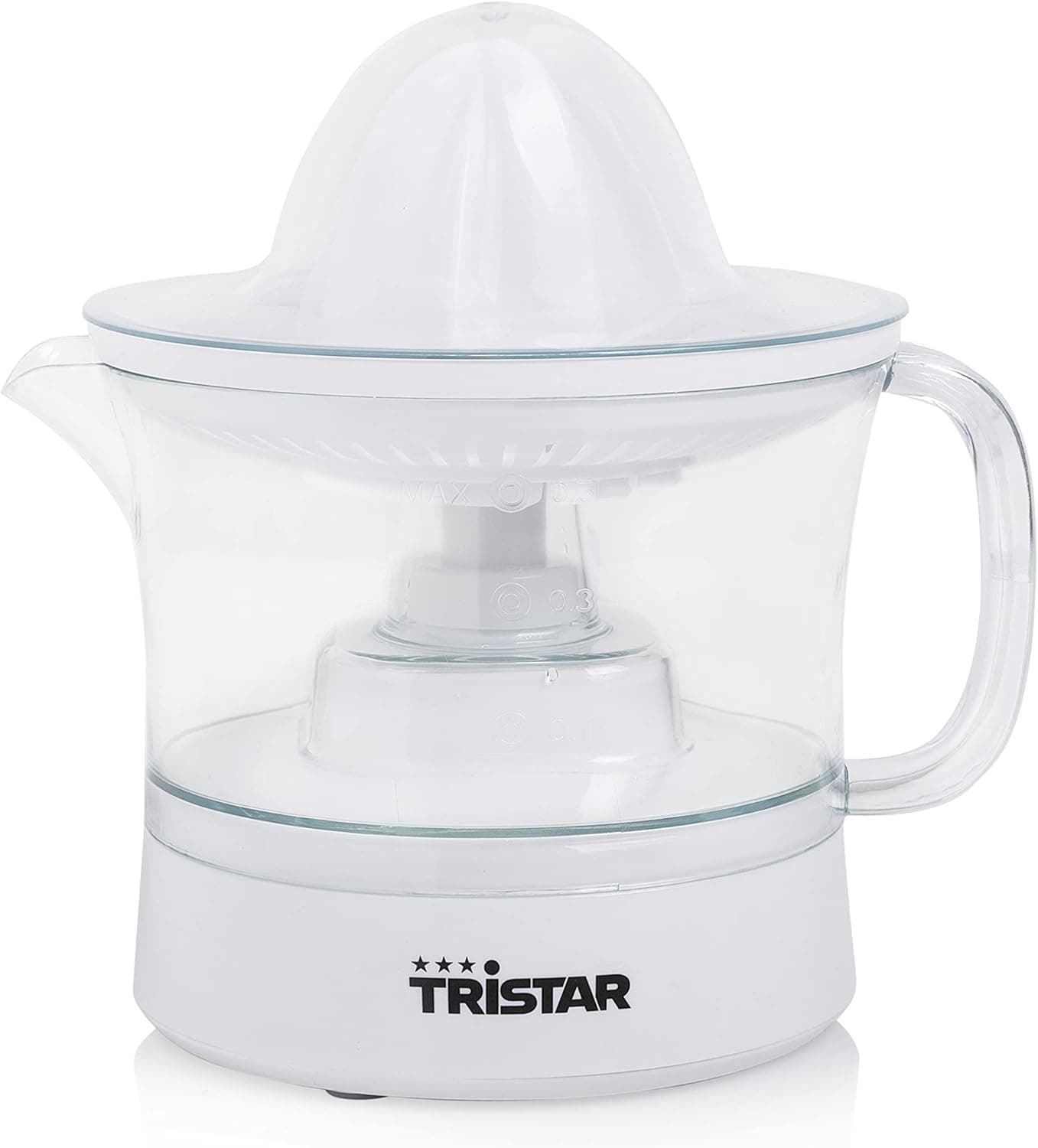 Tristar CP-3005 Espremedor de citrinos 25W · Capacidade de 0,5 L, 2 cones de tamanho diferente incluídos, jarro removível, tampa transparente antipoeira, livre de BPA, branco