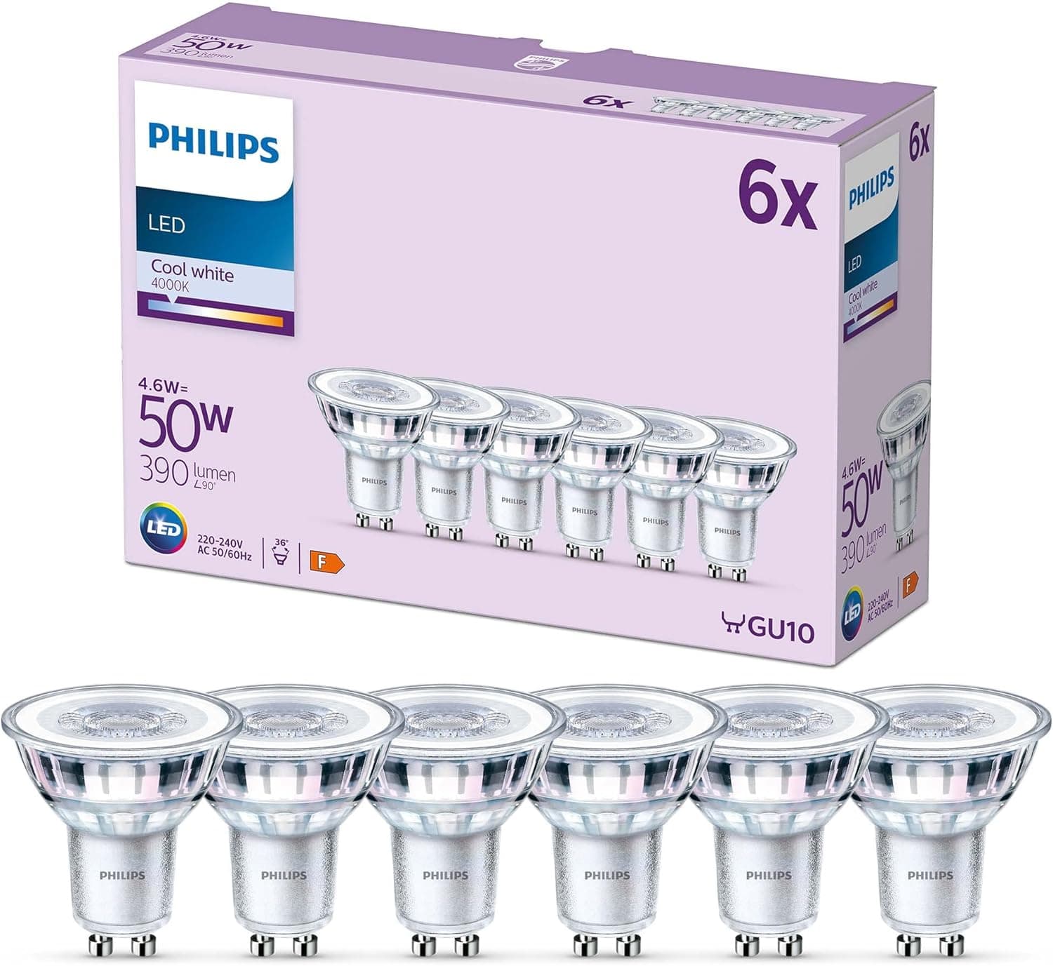 Philips Lâmpada tipo foco de 4,6 W (Eq. 50 W) 390 lúmenes, casquilho GU10, luz branca fria (4000k) - pack 6 lâmpadas