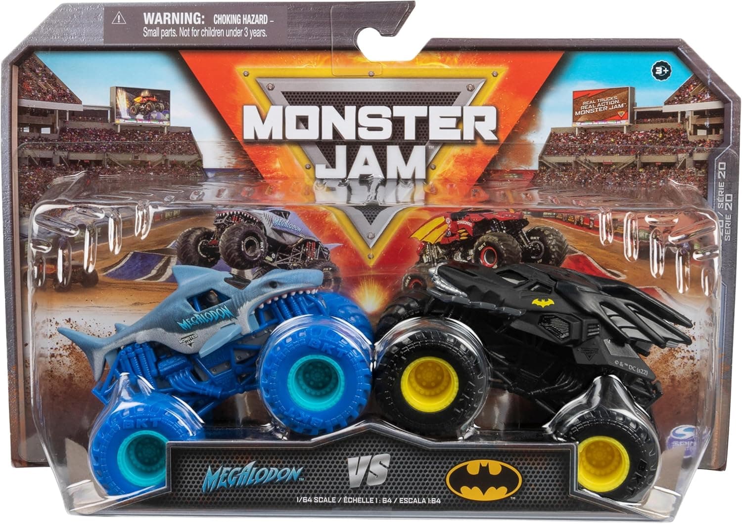 Monster Jam - Carros Monster Truck 1:64 - Pack de 2 camiões metálicos autênticos em escala 1:64 - Batman Vs. Megalodon - 6065293 - brinquedos crianças 3 anos +