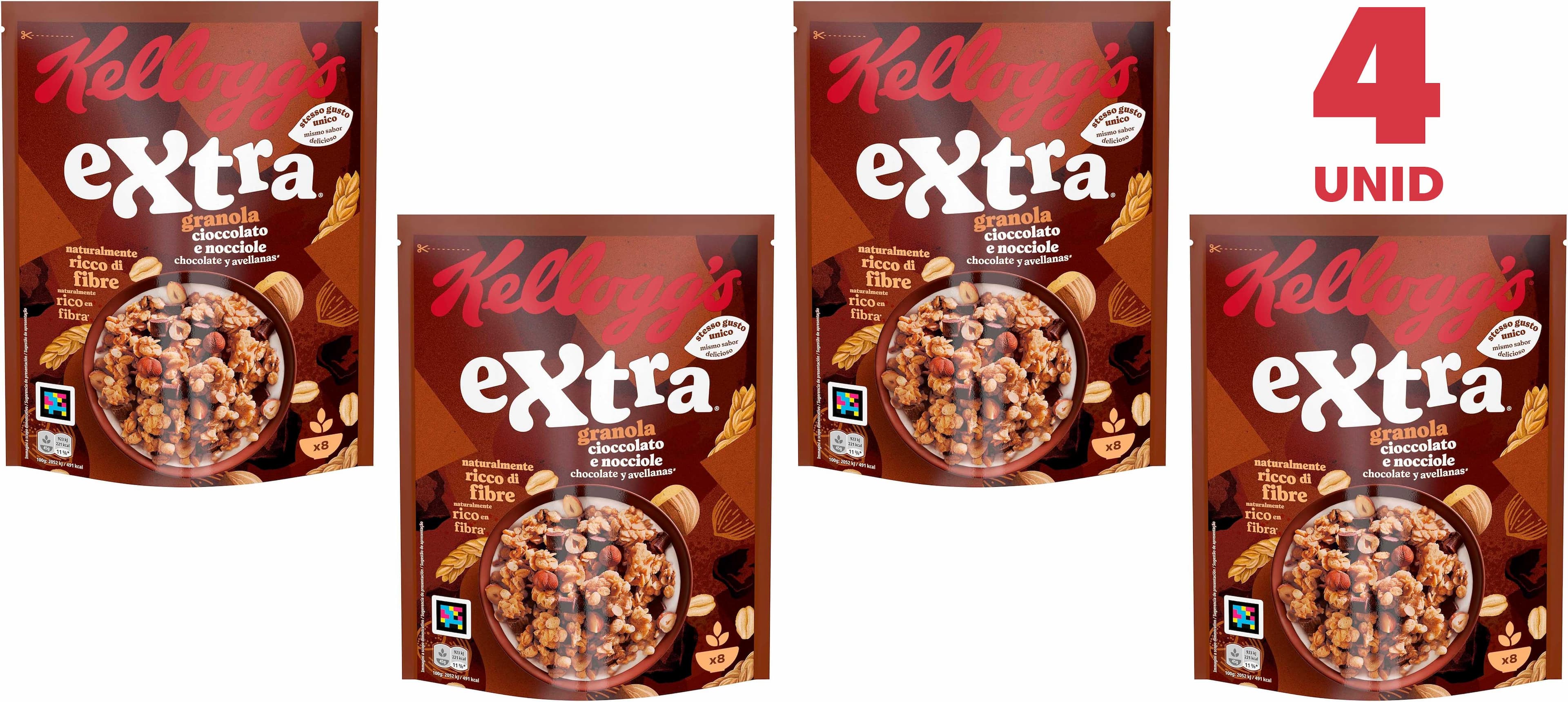 Cereais crocantes com chocolate e avelãs Kellogg's Extra caixa 375g (x4)