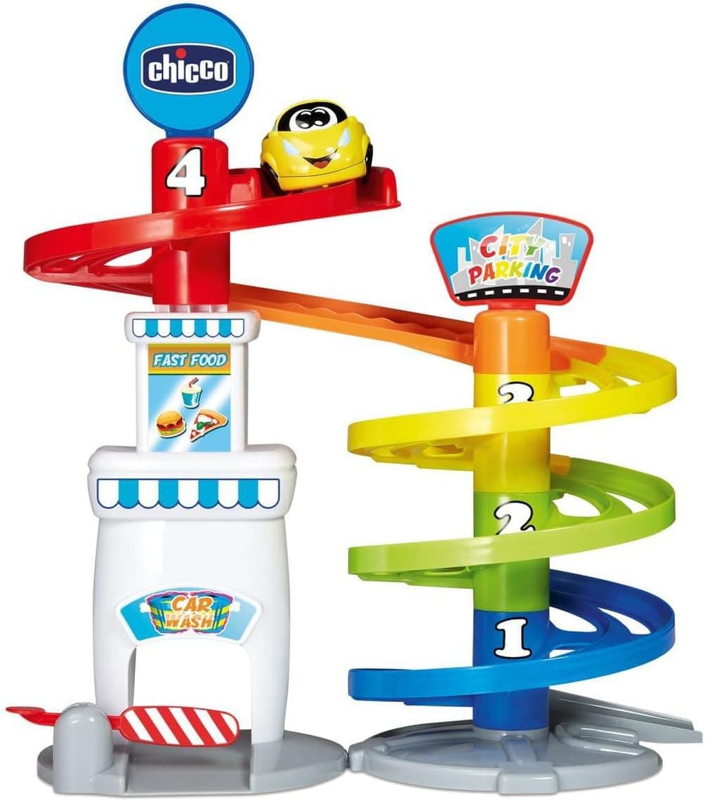 Chicco Parking Touch, brinquedo interativo, 4 níveis de escorrega com efeito espiral, fácil de montar e desmontar, inclui 1 carro Turbo Ball amarelo, crianças de 1 a 4 anos