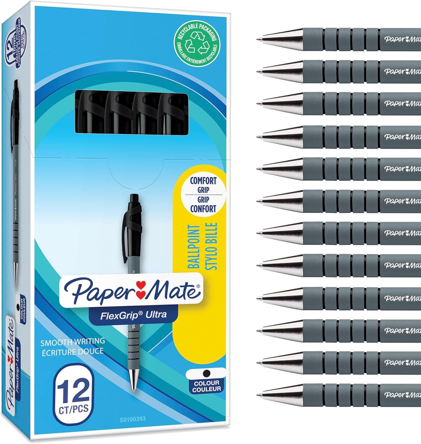 Paper Mate Flexgrip Ultra esferográfica retrátil | ponta média (1,0 mm) | preto | material escolar, caixa de 12