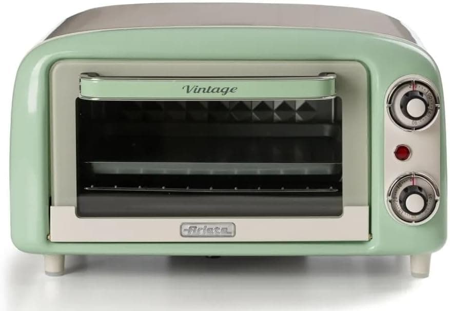 Mini forno vintage Ariete 3919, capacidade de 10 l, para assar ou aquecer alimentos, temperatura até 230 °C, temporizador de 60 minutos, grelha de aço inoxidável, 800 W, vidro duplo, verde