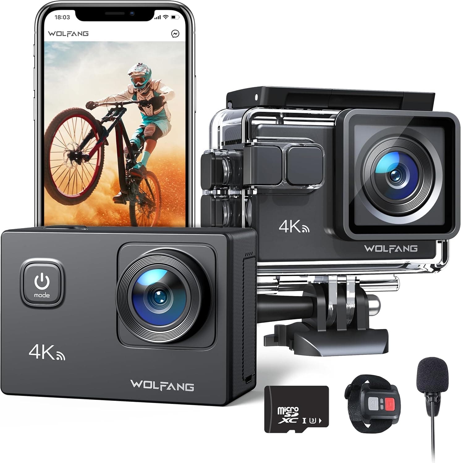 WOLFANG Câmara desportiva 4K 30FPS GA100 com 32 GB MicroSD 20 MP câmara subaquática impermeável 40 m, câmara de vídeo Wi-Fi com microfone duplo, 170 ° grande angular, EIS, vários acessórios