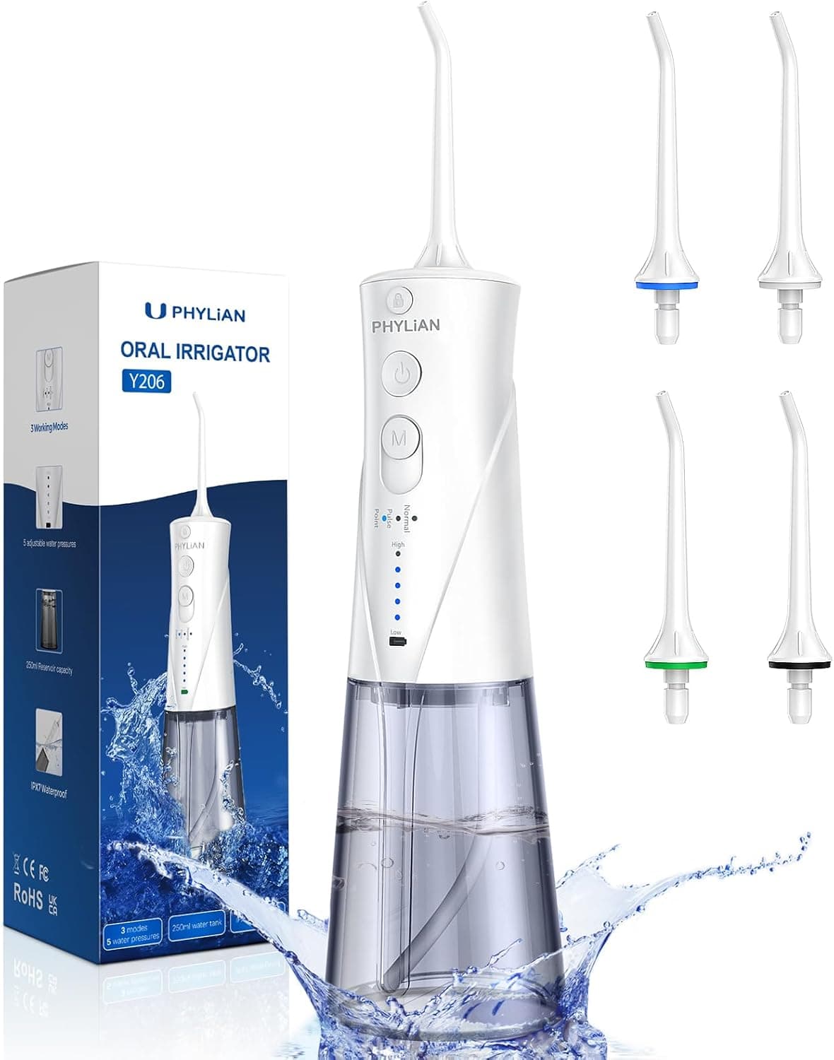 UPHYLIAN TOOTLIAN | Irrigador oral portátil recarregável 250 ml com 3 modos e 4 boquilhas substituíveis impermeável IPX7