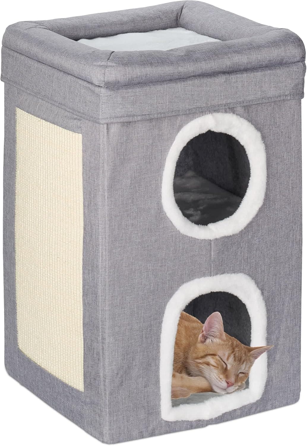 Relaxdays Casa para gatos com 2 grutas, nível superior aberto, cama de gatinhos, com raspador, 63 x 40 x 40 cm, cinzento e branco, poliéster