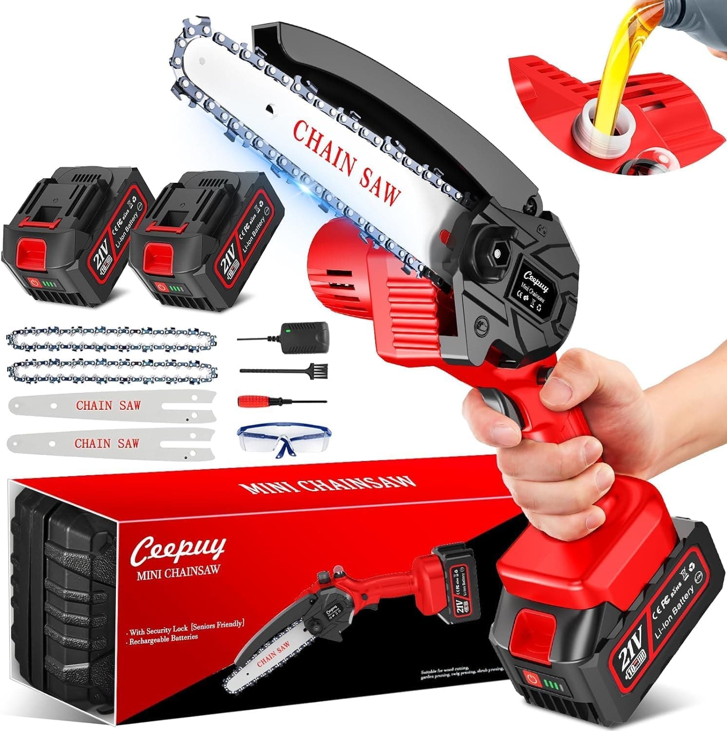 CEEPUY Mini moto-serra a bateria, com 2 baterias de 4000 mAh, 880 W e lubrificante automático