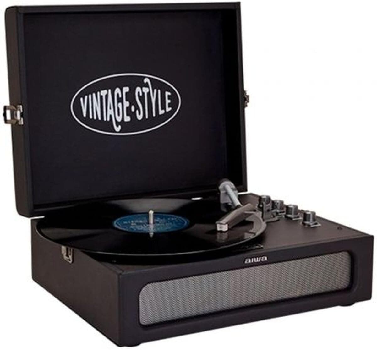 Aiwa VPX-1971/BK Gira-discos vintage em pasta de couro sintético com Bluetooth de 2 vias, leitor de MP3 e gravador USB preto