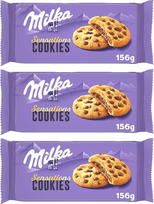 Milka Sensations – Bolacha Cookie com Pepitas e Recheio de Chocolate de Leite dos Alpes, 156 g x 3