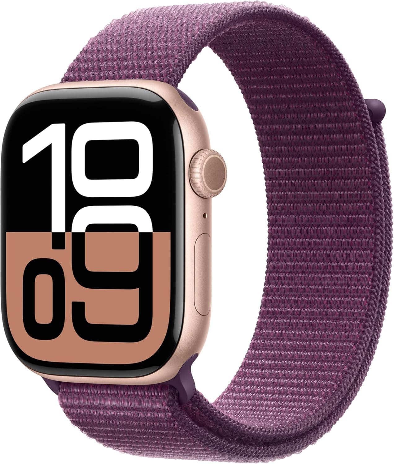 Apple Watch Series 10 GPS Smartwatch com caixa de alumínio ouro rosa de 46 mm e correia de loop desportiva ameixa - tamanho único. Monitor de treino, ecrã Retina sempre ativo e neutro em carbono