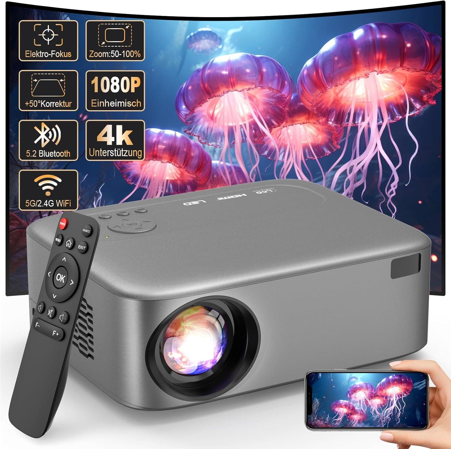 FRESHDEW Projetor 4K FHD nativo 1080P Smart WiFi 6 Bluetooth 5.2 26000L para exteriores/cinema em casa com tripé para iOS/Android/TV Stick