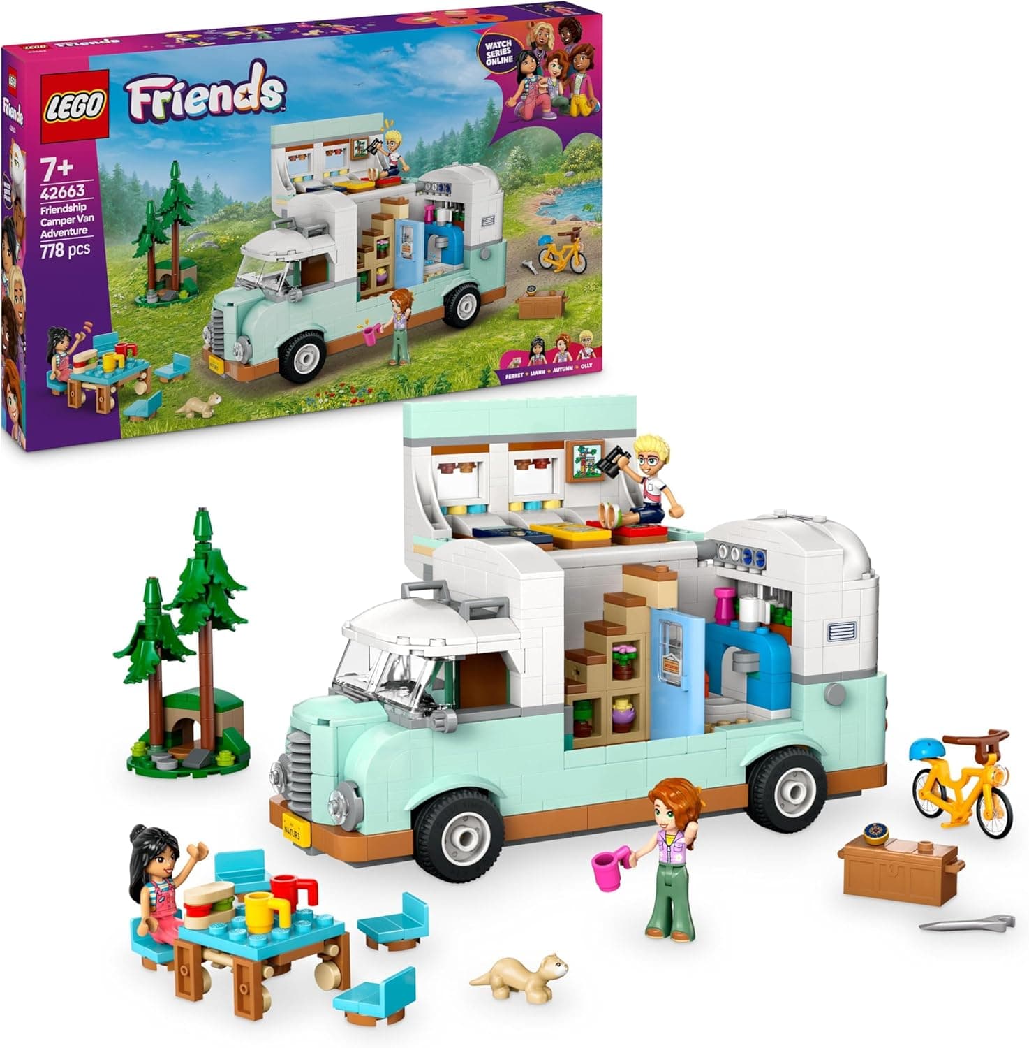 LEGO Friends Aventura no Carnaval da Amizade – Auto-Caravana de Brinquedo com 3 Mini Bonecas, Figura de Furão, Binóculos e Acessórios, Presente para Crianças a partir dos 7 Anos