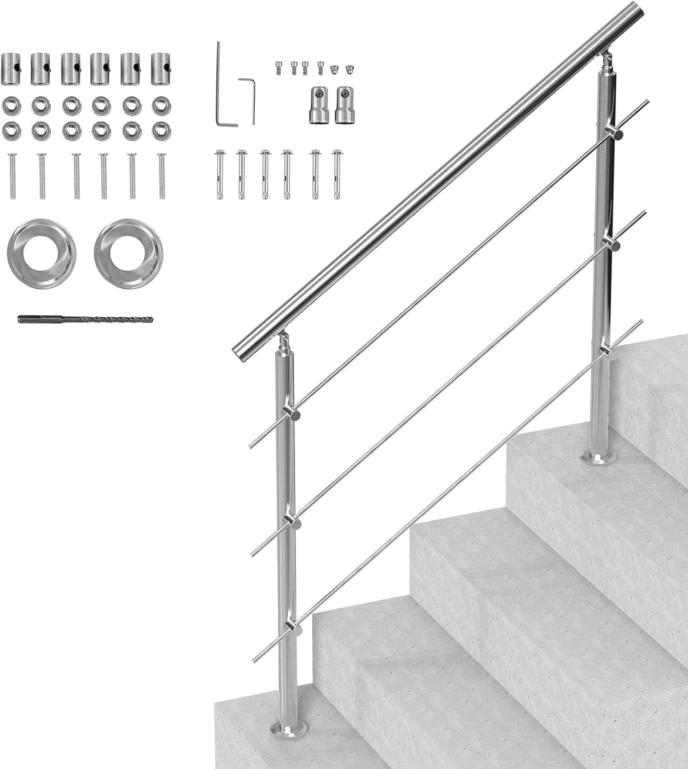 VEVOR Corrimãos de escada, 120 cm, corrimão de escada para degraus exteriores de aço inoxidável, 3 traseiros, com kit de instalação, barra de aderência para idosos, alpendre, pátio