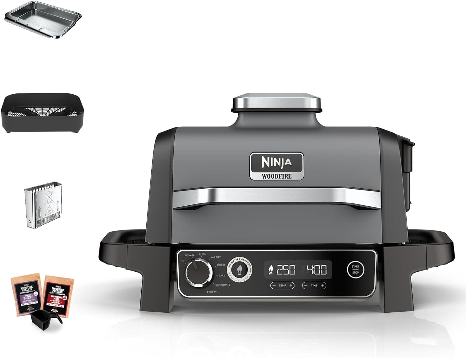 Ninja Woodfire Grelha elétrica de exterior e fritadeira a ar, 7 em 1, Air Fry, Smoke, Roast, Bake e outras funções, resistente às intempéries, antiaderente, portátil, cinzento/preto, OG701EU