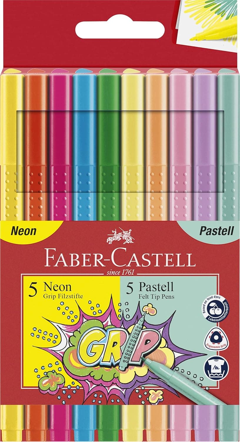 Faber-Castell 155312 - Pack de 5 marcadores Grip néon + 5 marcadores grip pastel.
