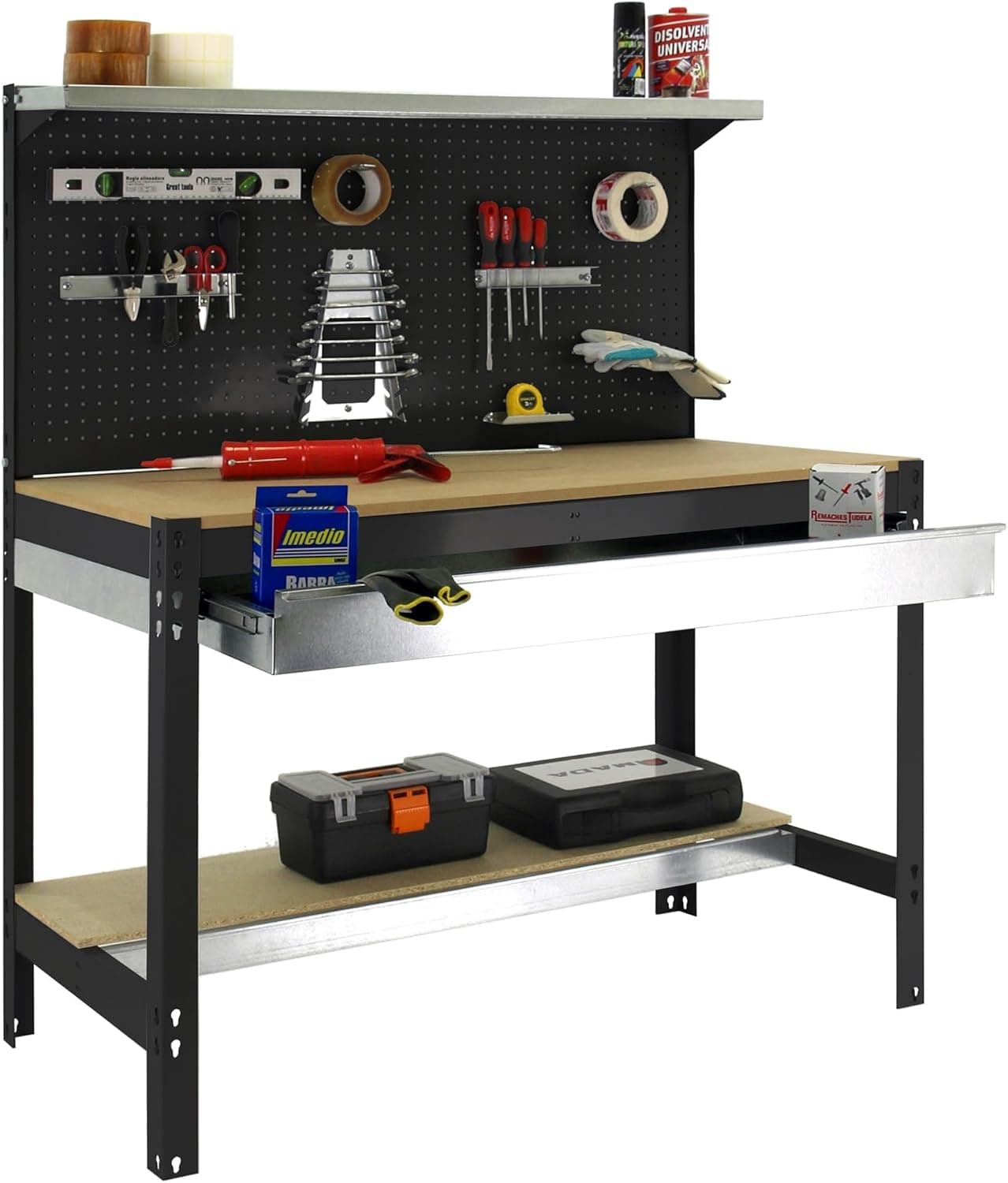 Simon Rack BT3 Anthracite | Bancada de trabalho com capacidade de 400 kg, 1 gaveta e tampo em madeira 1445x910x610 mm