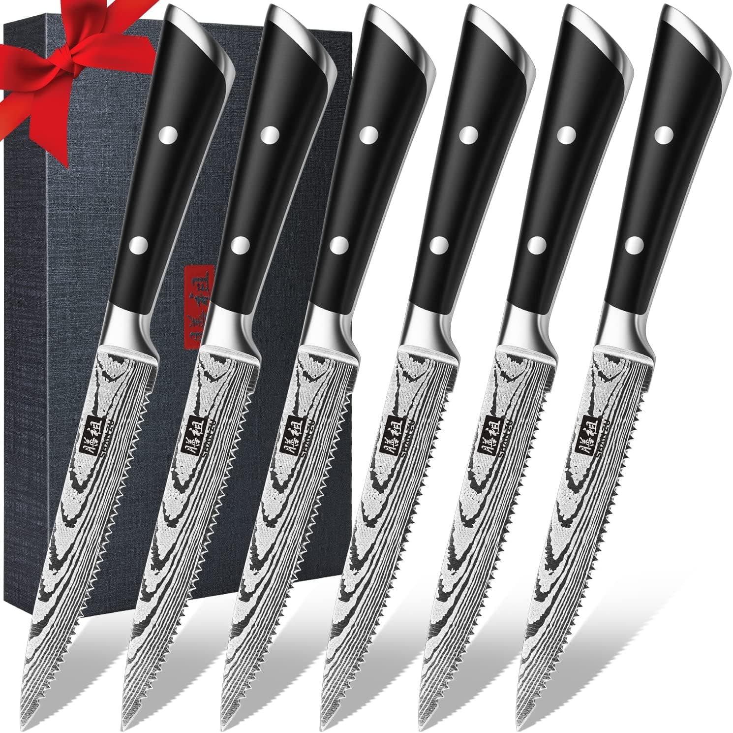 SHAN ZU Conjunto de 6 facas de carne, facas de mesa, faca serrada mesa de 12 cm, facas de bife de aço inoxidável de alto carbono faca Steak com caixa de presente