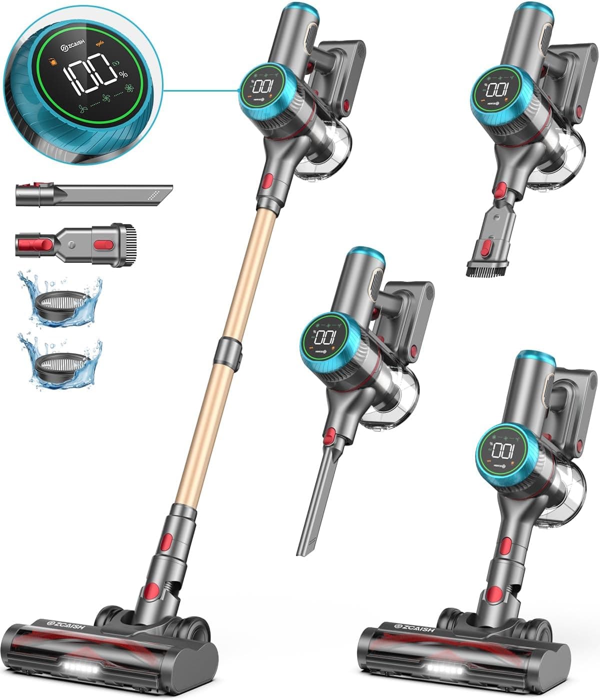 ZCAISH Aspirador sem cabo, 45000 Pa/550 W/60 min aspirador sem ecrã inteligente, aspirador vertical com modo automático e escova anti-embaraçados para tapetes, pisos duros e pêlos de animais