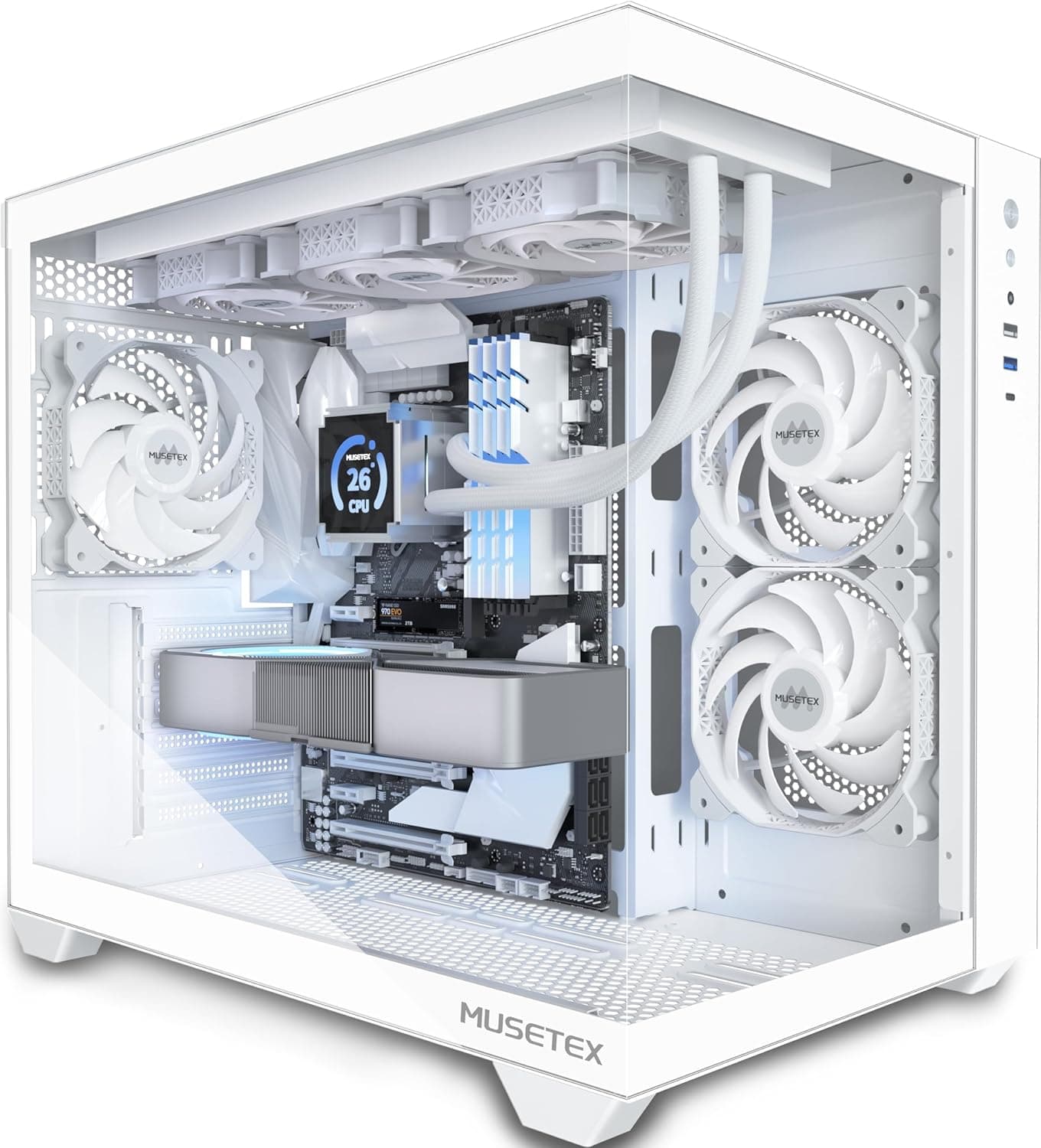 MUSETEX Y6 | Caixa PC gaming ATX com vidro temperado panorâmico e 3 ventoinhas, suporte radiador 360 mm, branca