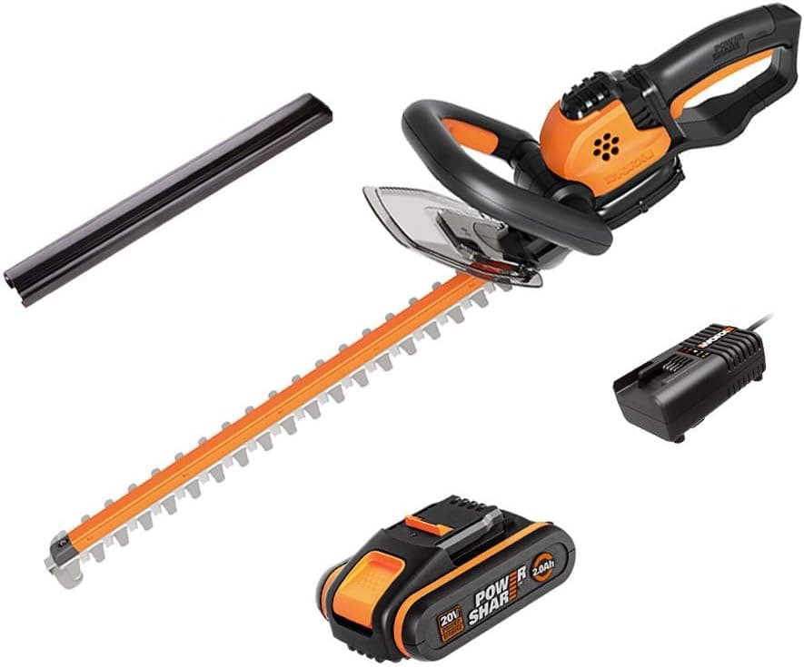 WORX WG261E Corta-sebes sem fios de 18 V (máx. 20 V), 1 bateria de 20 V de 2,0 Ah, lâmina de 460 mm de comprimento, separação de dentes de 16 mm, lâmina de dupla ação, segurança tripla, alça ajustável
